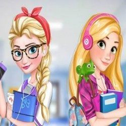 Rapunzel e Elsa vestir roupas para escola