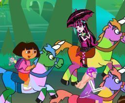 Dora, Barbie e Draculaura corrida de cavalo