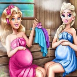 Barbie e Elsa grávidas na sauna - Jogos para Meninas